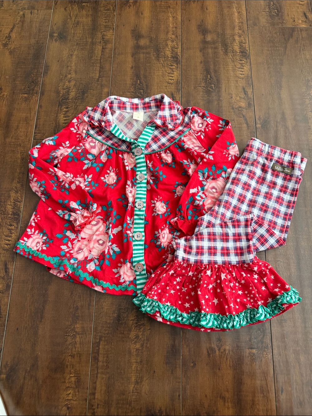 Matilda Jane Red Floral & Plaid Pajama Set with Green Trim